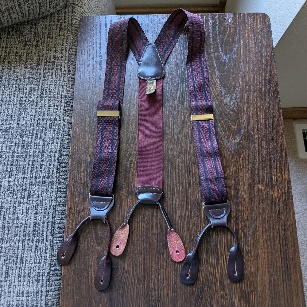 Trafalgar Red Maroon Navy Blue Striped Adjustable Brown Leather Suspenders